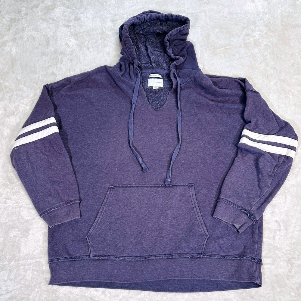 American Eagle Hoodie Mens Large Blue Varsity Stripe Fleece Distressed